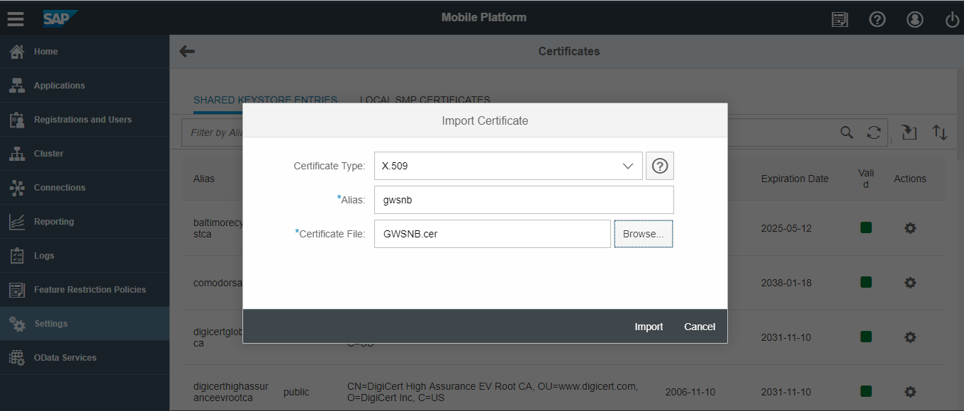 Import Gateway Certificate
