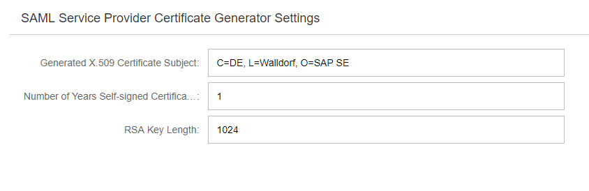 SAML Service Provider Certificate Generator Settings
