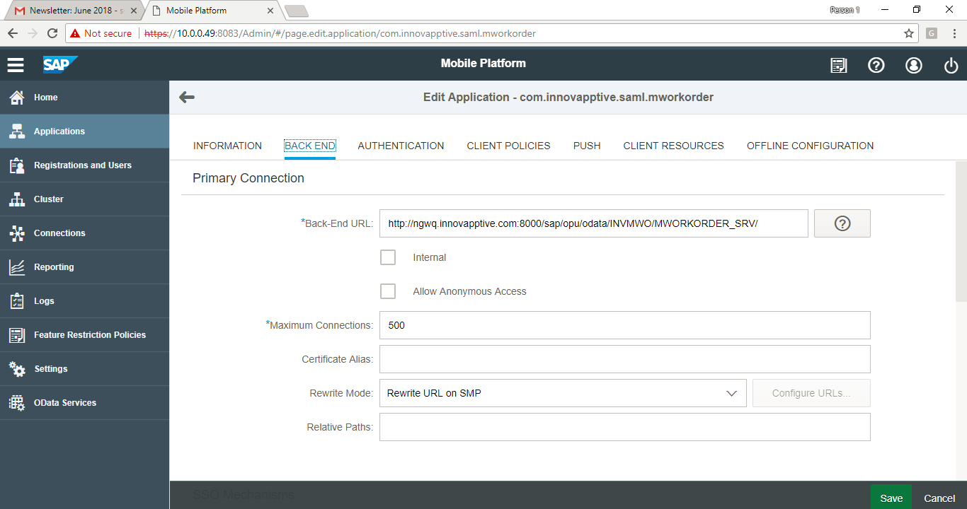 SMP Application Back End tab