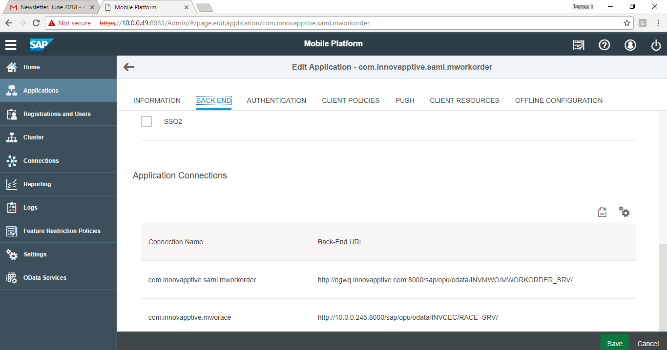 SMP Application Back End tab