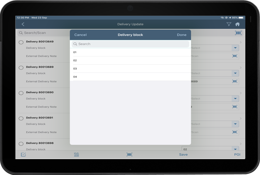 Delivery Block Screen