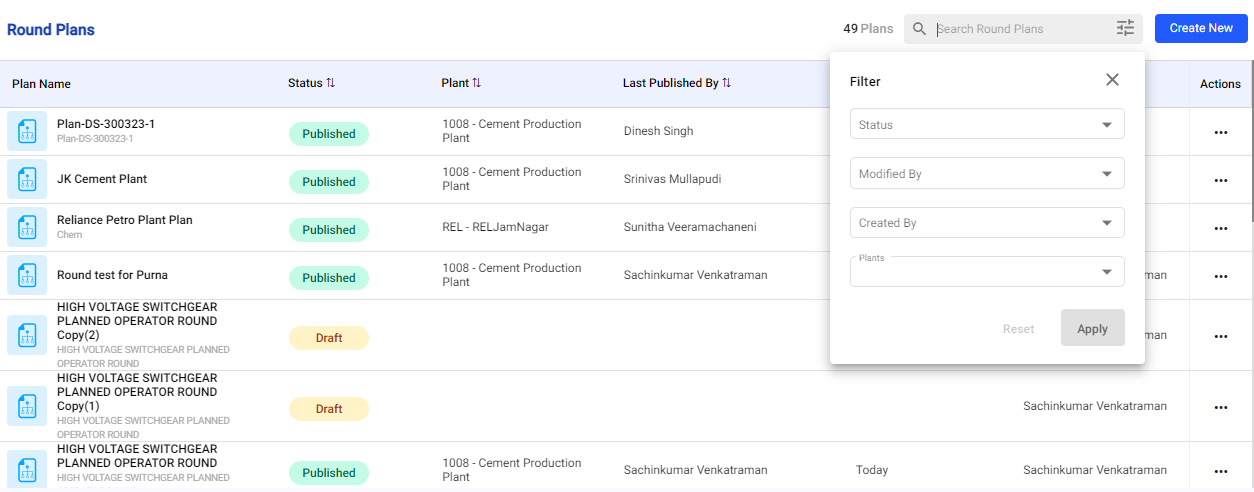 Filter Rounds, Issues & Actions