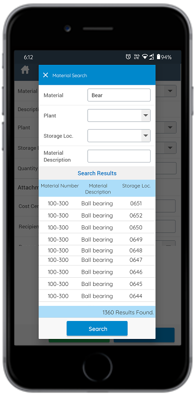 Material Search Screen