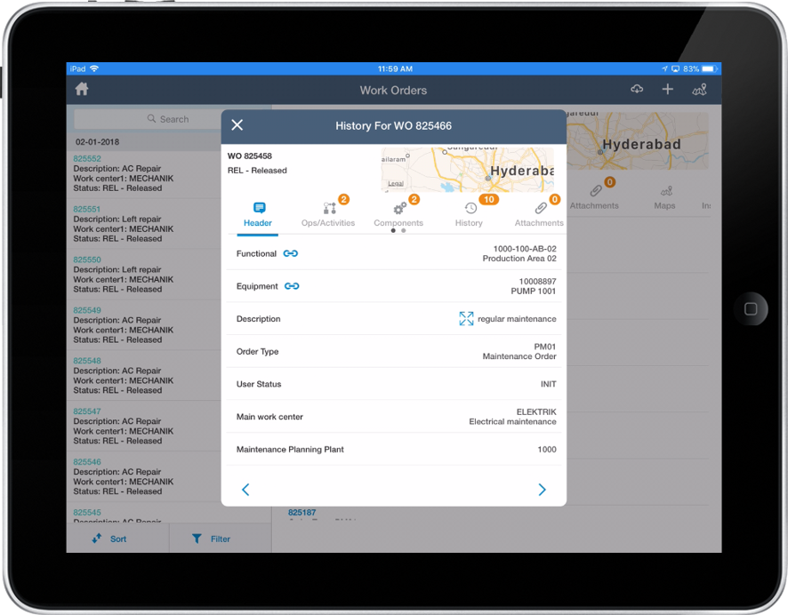 Image of work order history screen
