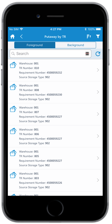 Putaway TR Foreground tab