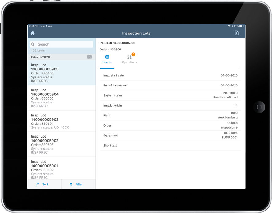 Image of inspection lots screen
