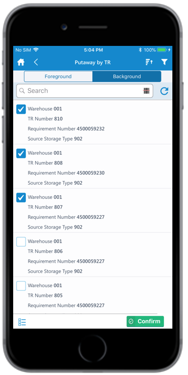 Putaway TR Background tab