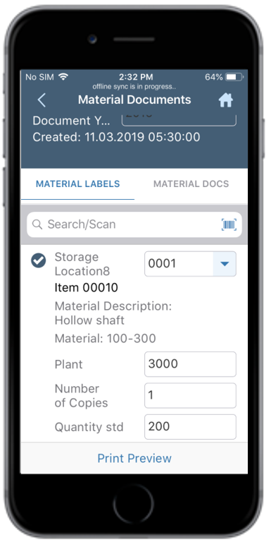 Material Document and Labels tabs