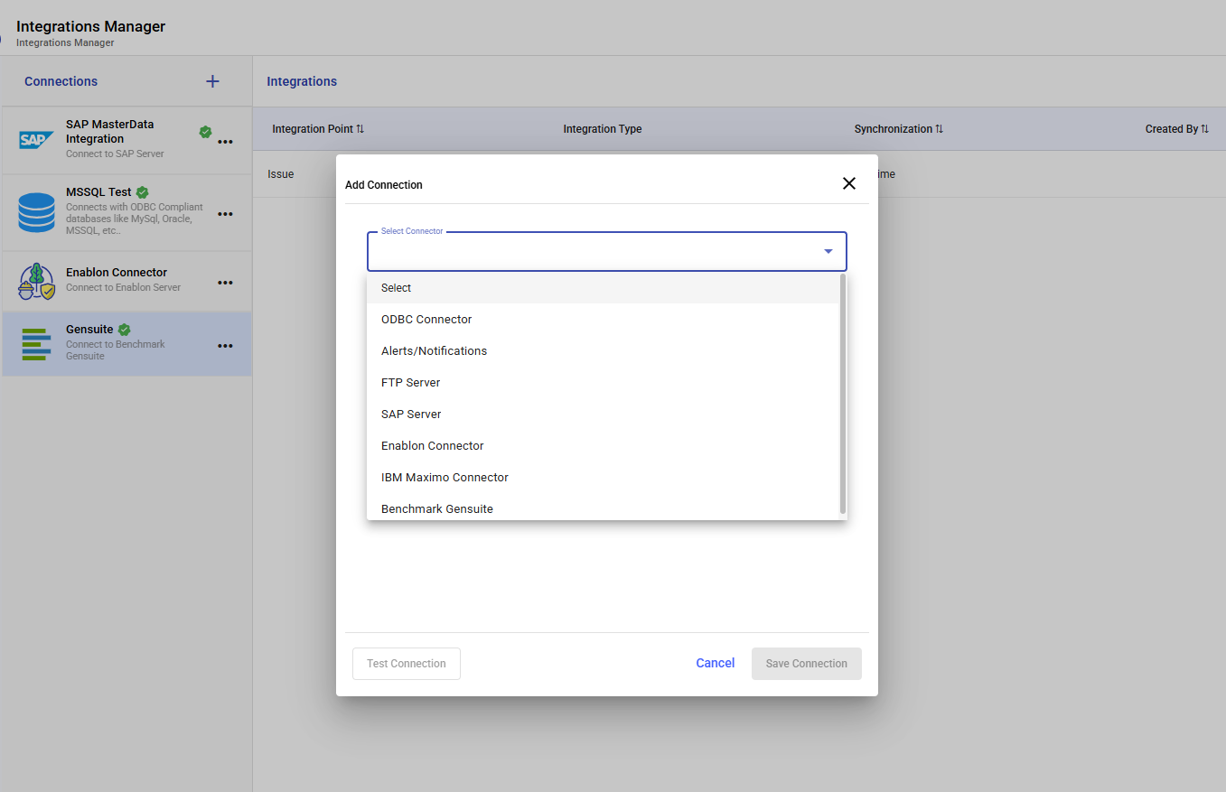 Add Connection dialog with the Select Connector list open, showing Benchmark Gensuite