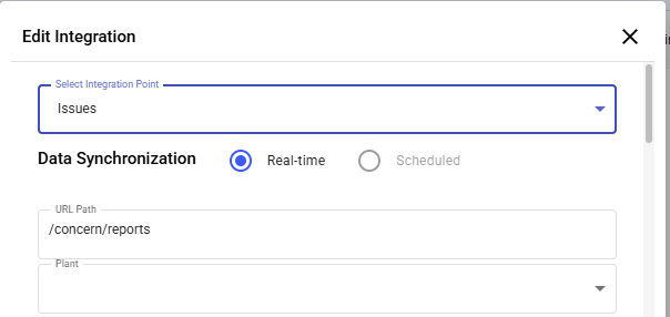 Edit Integration dialog with Issues, Real-time, URL Path /concern/reports and the Plant field