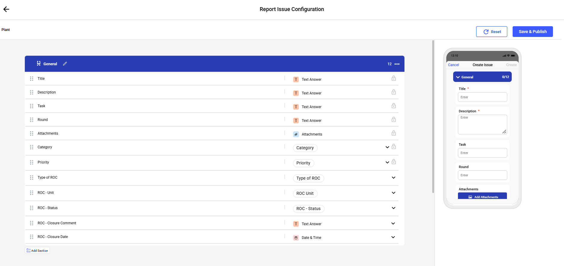 Report Issue Configuration, General section with 12 fields including Type of ROC, ROC - Unit, ROC - Status, ROC - Closure Comment and ROC - Closure Date