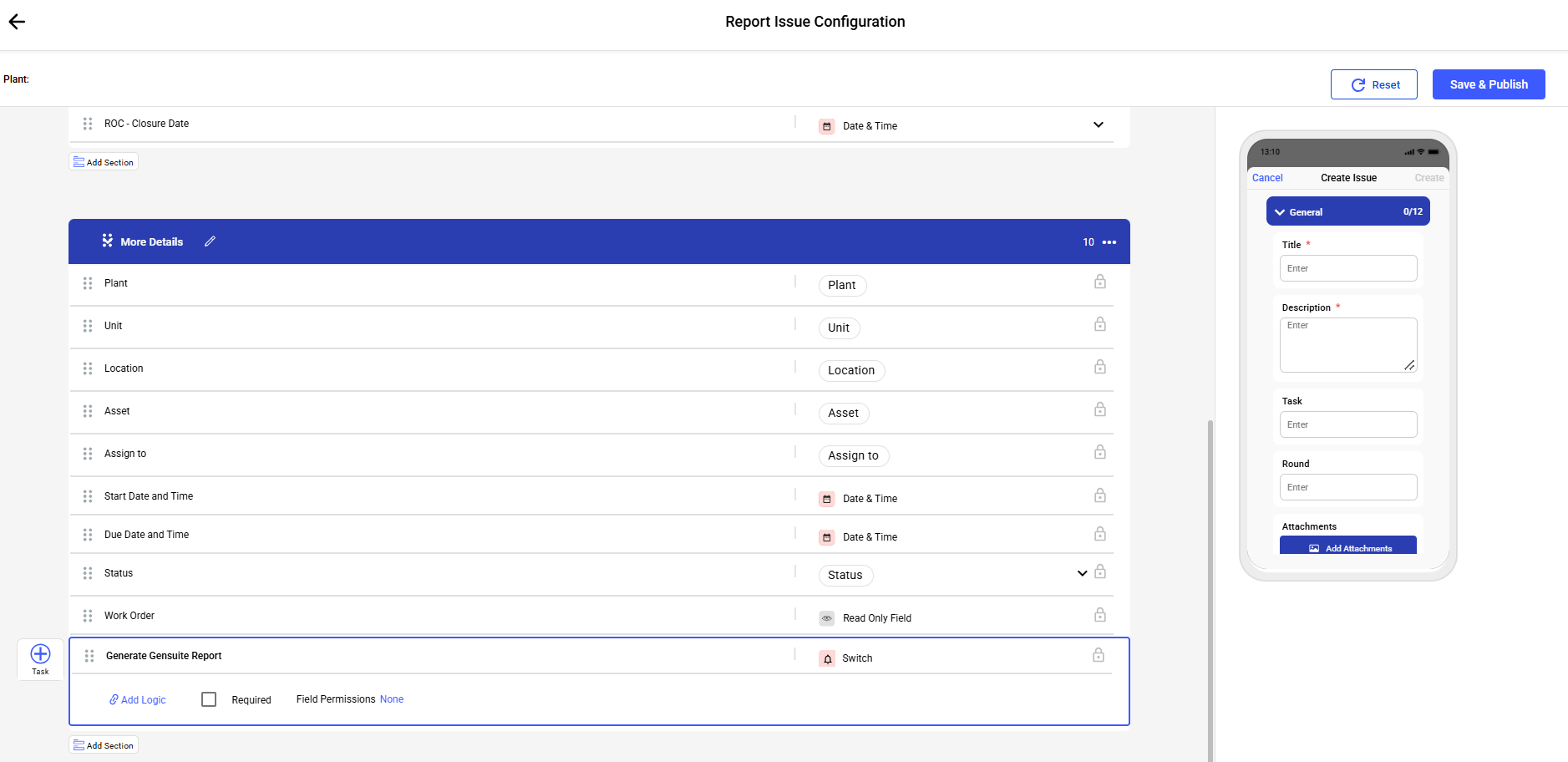 Report Issue Configuration, More Details section with 10 fields; Generate Gensuite Report is a Switch, not required, Field Permissions None