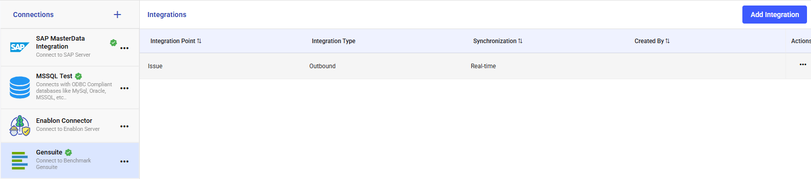 Integrations Manager with the Gensuite connection selected and one Issue, Outbound, Real-time integration