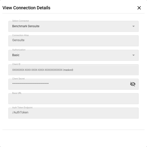 View Connection Details dialog: Benchmark Gensuite, alias Gensuite, Basic authorization, masked Client ID and secret, Auth Token Endpoint /AuthToken