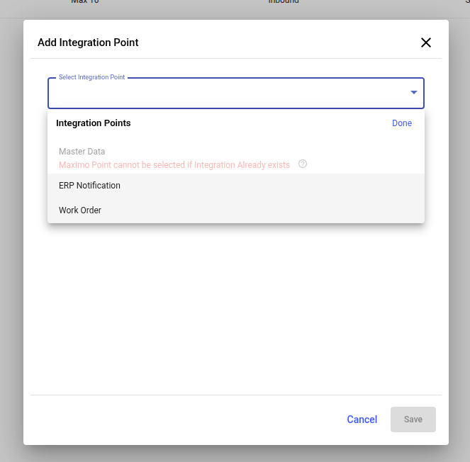 Add Integration Point dialog listing Master Data, ERP Notification and Work Order