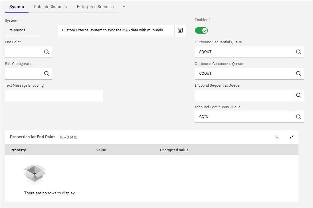 External Systems application showing the queue settings of the mRounds external system