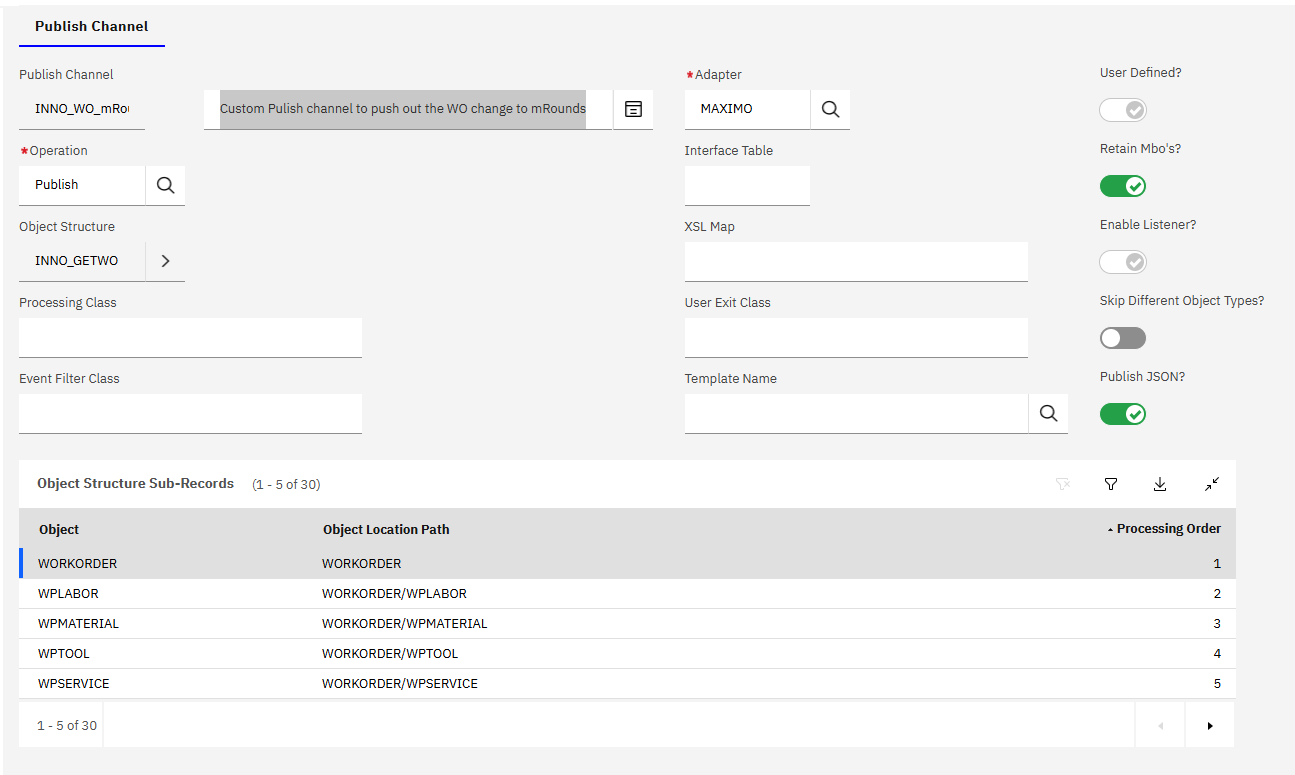 Publish Channels application showing INNO_WO_mRounds with object structure INNO_GETWO and its first five sub-records