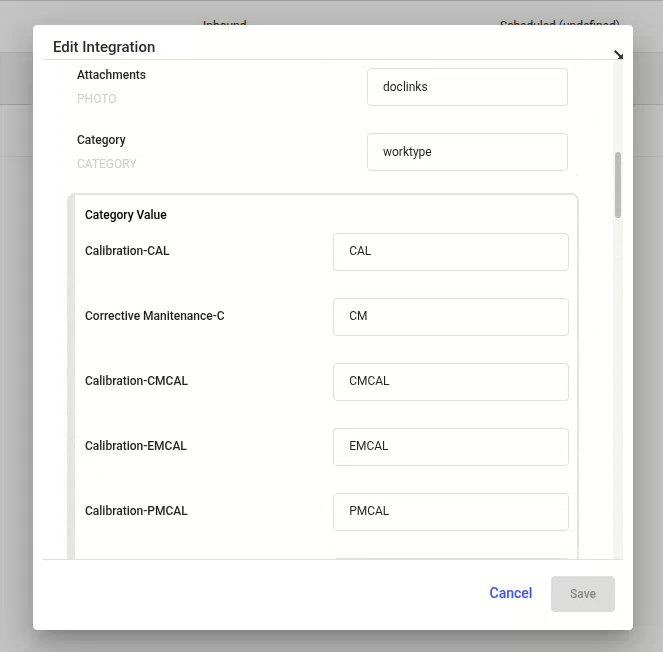Category value panel mapping mRounds categories to Maximo values