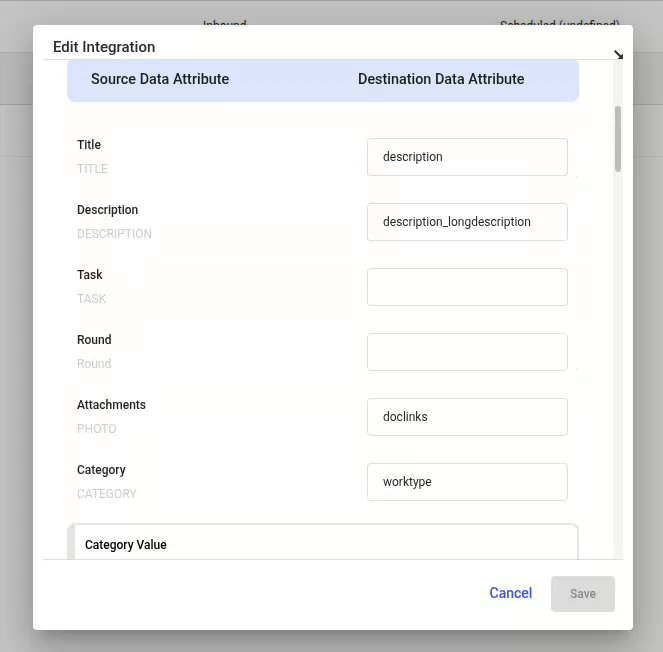 Data mapping rows of the Work Order integration, first part