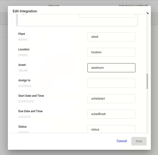 Data mapping rows of the Work Order integration, second part