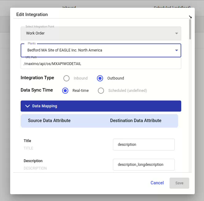 Edit Integration dialog with Work Order, a demo plant, URL path /maximo/api/os/MXAPIWODETAIL, Outbound and Real-time