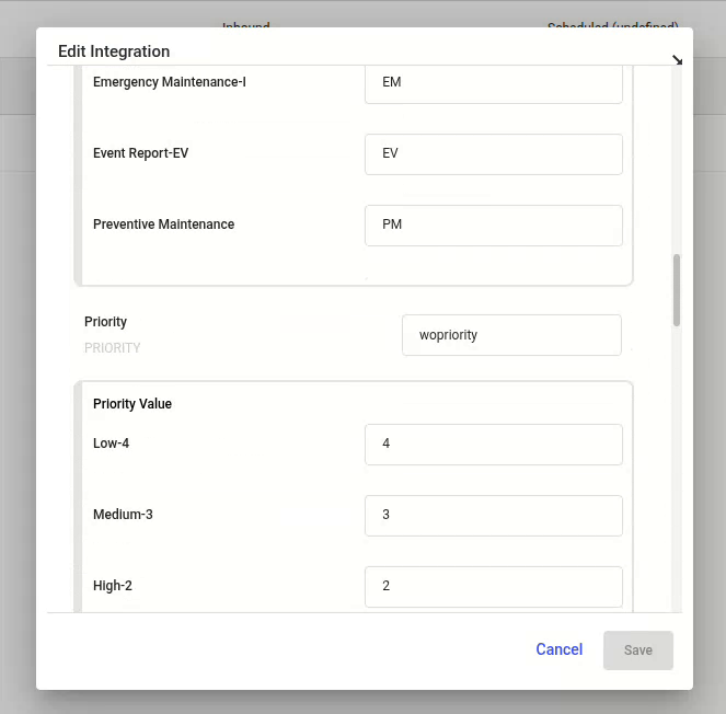 Priority value panel mapping mRounds priorities to Maximo values