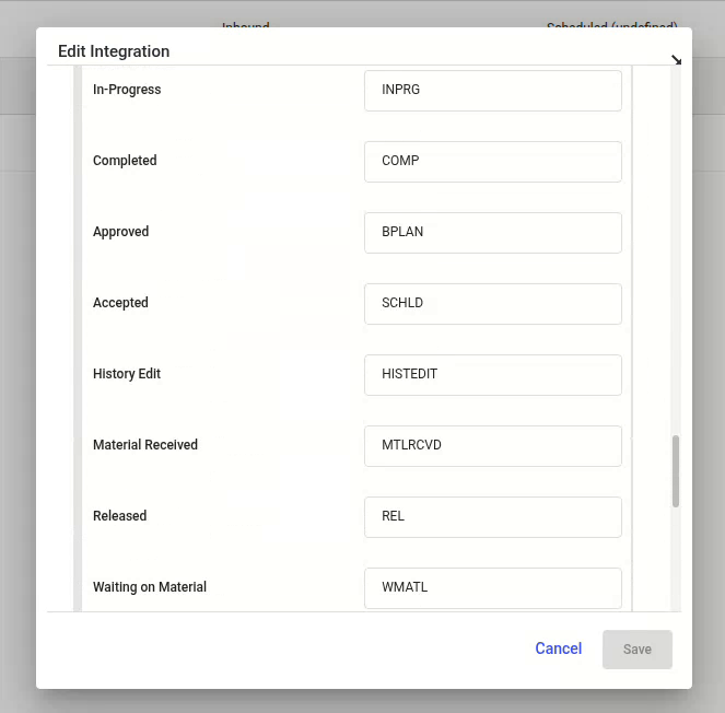 Status value panel mapping mRounds statuses to Maximo values